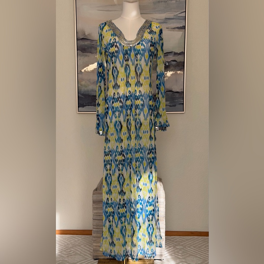 NWOT INC International Concepts Sheer Coverup Ikat Print Silver Sequin Detail